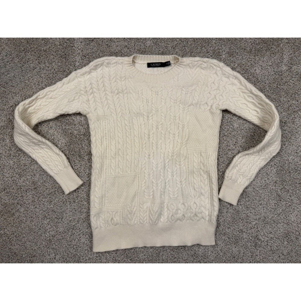 Lauren Ralph Lauren Sweater Womens Medium Cream Patchwork Cable Knit Black Label